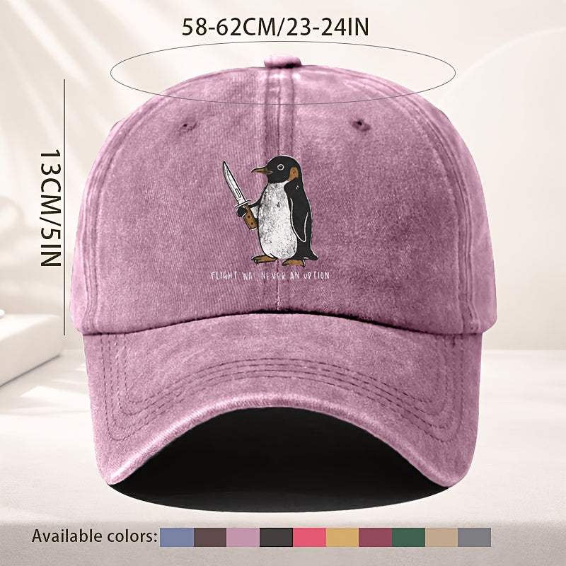 Unisex Baseball Cap, Vintage Cute Penguin Fun Print Baseball Cap, Adjustable for Men And Women, Quirky Street Style with Distressed Look, Top Choice for Personalized Outfits, Washed-Out Effect, Everyday Casual Hat