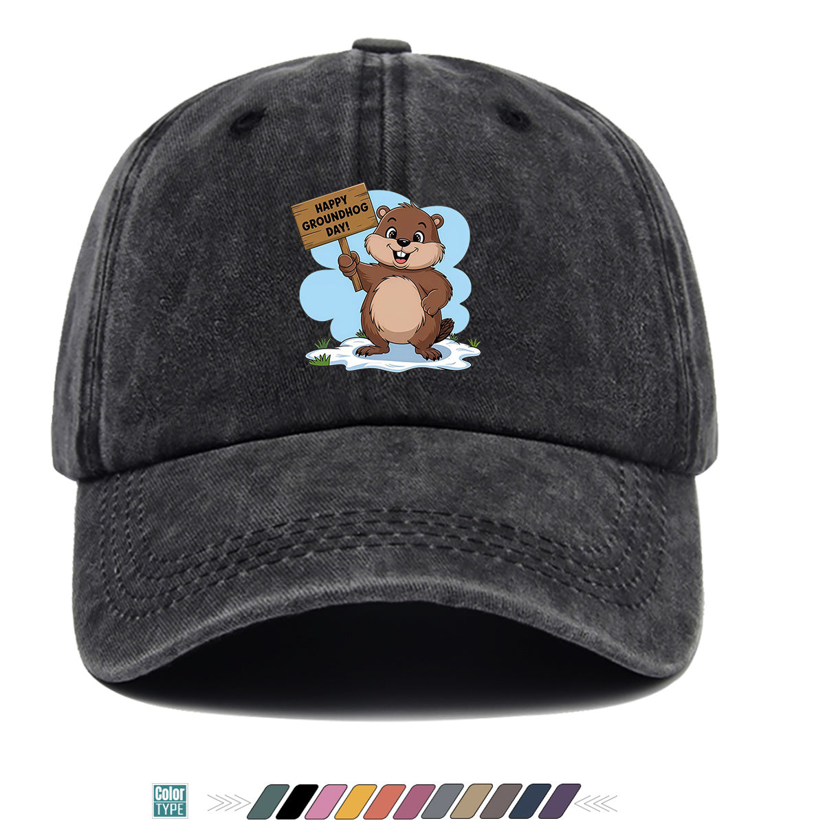 1pc Groundhog Day Theme Cartoon Print Baseball Cap, Happy Groundhog Holding Sign Pattern Sun Hat, Fashion Casual Duckbill Cap, Unisex Adjustable Size, Outdoor Travel Hat, Daily Wear Hat, Holiday Party Hat, Birthday Gift Hat, Friend Gathering Hat