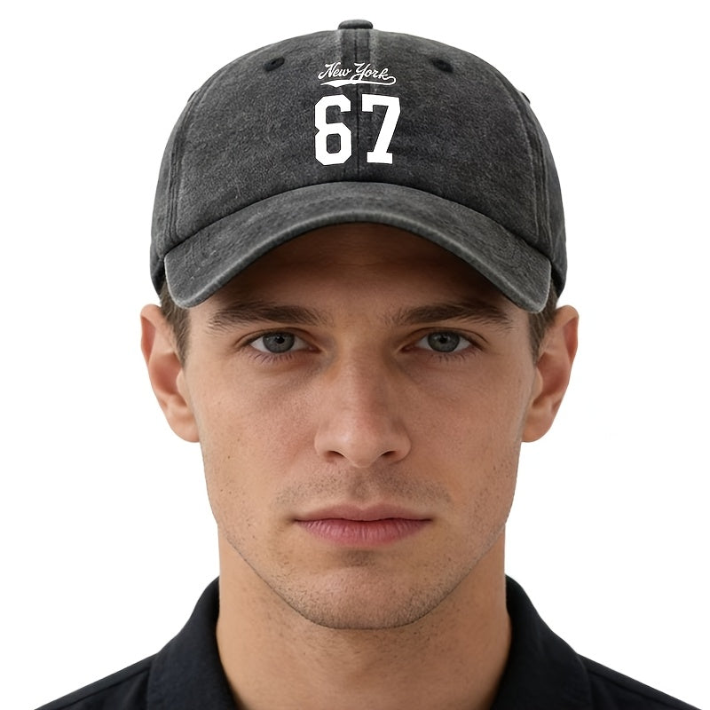 A Stylish And Versatile Unisex Baseball Cap Featuring a New York 67 Print, This Classic Retro Washed Outdoor Cap Is Lightweight And Curved-Brimmed. It'S Perfect for Casual Occasions Like Outdoor Vacations, Camping, And Holiday Parties