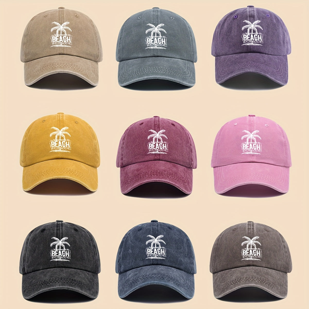 1pc Cool & Breezy Unisex Washed Baseball Cap | Tropical Palm Tree and Beach Print, Adjustable for Couples, Perfect for Surfing, Cycling, Hiking, and Parties - Polyester, Hand Wash Only