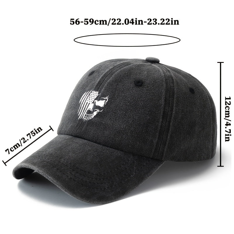 A Stylish And Adaptable Unisex Cap with a Printed Skull Design And a Classic Vintage Washed Look, Perfect for Outdoor Activities Like Vacations, Travel, And Camping. Great for Casual Events And Holiday Celebrations, Especially in Hip-Hop Culture