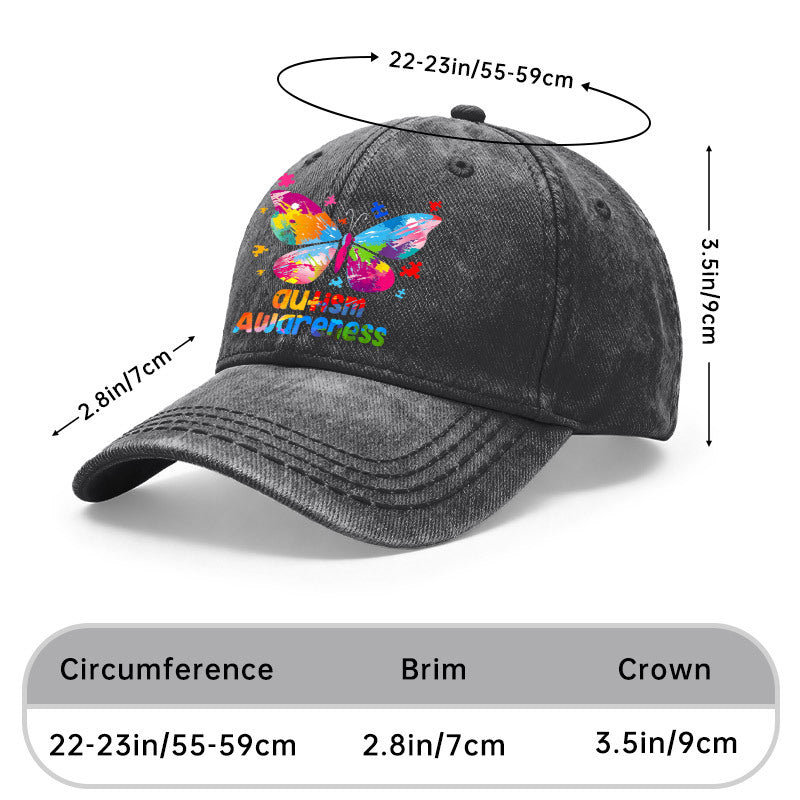 1pc of Vintage Washed Unisex Baseball Caps Featuring a Colorful Artistic Design of an Autism Awareness Butterfly. These Adjustable Caps Are Perfect for Outdoor Activities And Casual Wear, Making Them Great Gifts for Both Men And Women