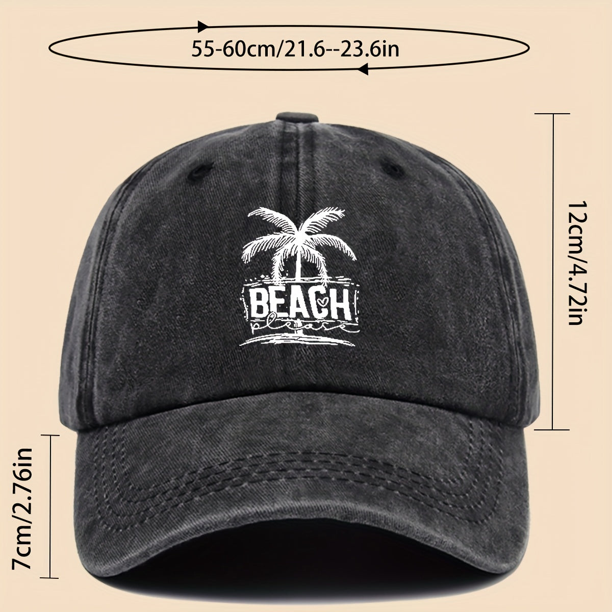 1pc Cool & Breezy Unisex Washed Baseball Cap | Tropical Palm Tree and Beach Print, Adjustable for Couples, Perfect for Surfing, Cycling, Hiking, and Parties - Polyester, Hand Wash Only