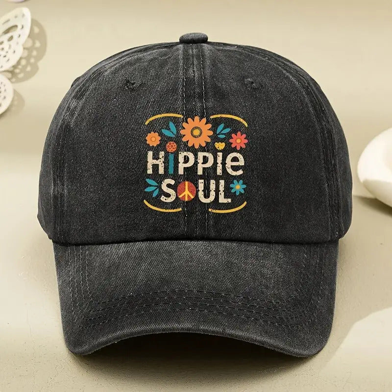 Retro Hippie Soul Baseball Cap - 60S/70S Style with Floral And Peace Symbols (Sunflowers, Peace Sign) - Deep Navy Blue Adjustable Snapback Hat with Colorful Accents - Lightweight Washed Effect, Suitable for Both Men And Women - Machine Washable