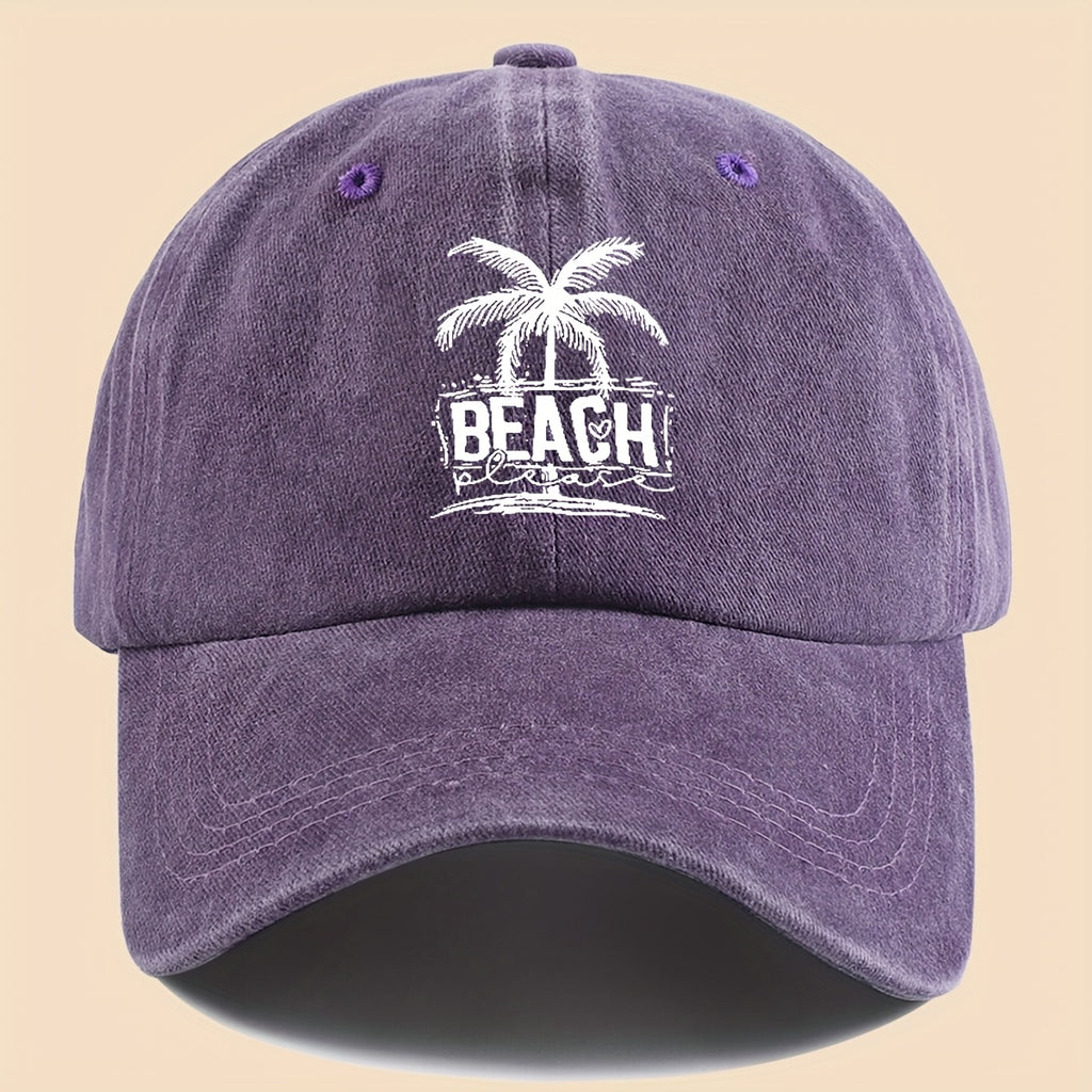 1pc Cool & Breezy Unisex Washed Baseball Cap | Tropical Palm Tree and Beach Print, Adjustable for Couples, Perfect for Surfing, Cycling, Hiking, and Parties - Polyester, Hand Wash Only