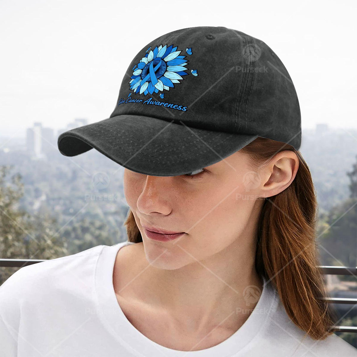 Cool Unisex Baseball Hat Featuring Blue Ribbons for Colon Cancer Awareness Month with Sunflowers
