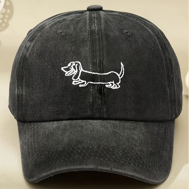 Vintage Washed Baseball Cap with Adorable Dachshund Embroidery - Black Textile, Breathable & Durable Unisex Casual Outdoor Hat for Men and Women, Hand Washable, Casual Headwear | Embroidered Cap | Breathable Fabric