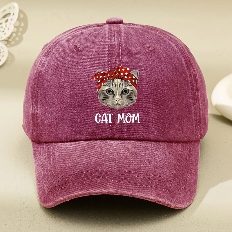 CAT MOM Cartoon Print Washed Vintage Soft Top Baseball Cap, Unisex, Washed Vintage Cap, Men's Hat, Women's Hat