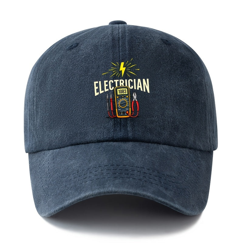 A Stylish And Versatile Unisex ELECTRICIAN Baseball Cap with a Printed Design, Featuring a Classic Retro Washed Look. This Lightweight Outdoor Cap Is Perfect for Truck Drivers And Suitable for Casual Occasions Like Outdoor Vacations, Camping