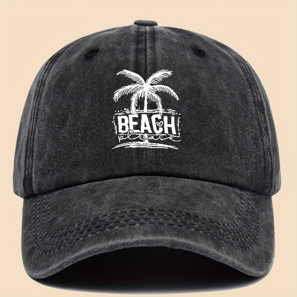 1pc Cool & Breezy Unisex Washed Baseball Cap | Tropical Palm Tree and Beach Print, Adjustable for Couples, Perfect for Surfing, Cycling, Hiking, and Parties - Polyester, Hand Wash Only