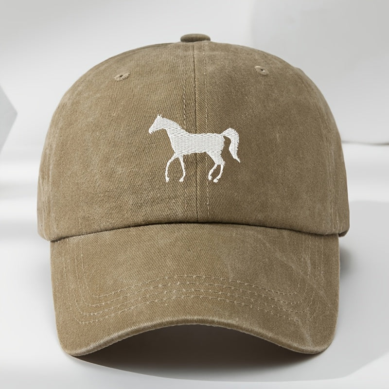 High-Quality White Horse Embroidered Baseball Cap, Washed Vintage Adjustable Duckbill Hat, Soft Top, Breathable, Sweat-Absorbing, Sun-Protective Trendy Hat