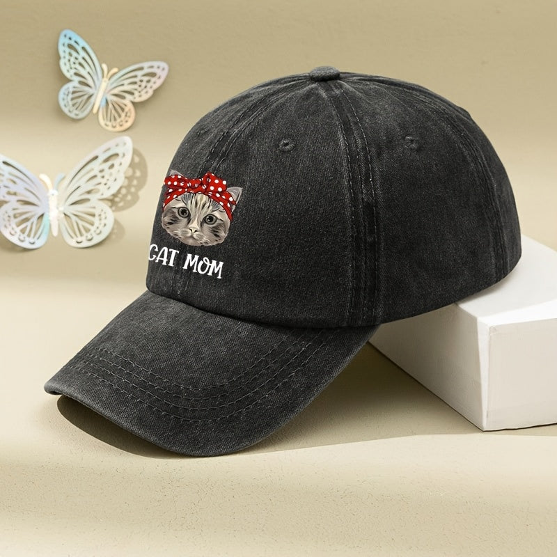CAT MOM Cartoon Print Washed Vintage Soft Top Baseball Cap, Unisex, Washed Vintage Cap, Men's Hat, Women's Hat