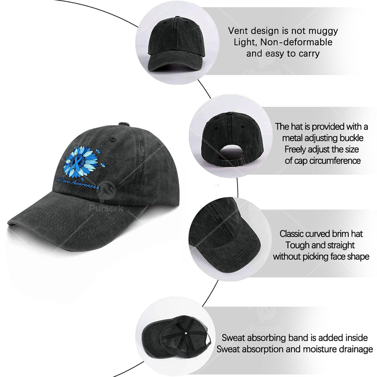 Cool Unisex Baseball Hat Featuring Blue Ribbons for Colon Cancer Awareness Month with Sunflowers