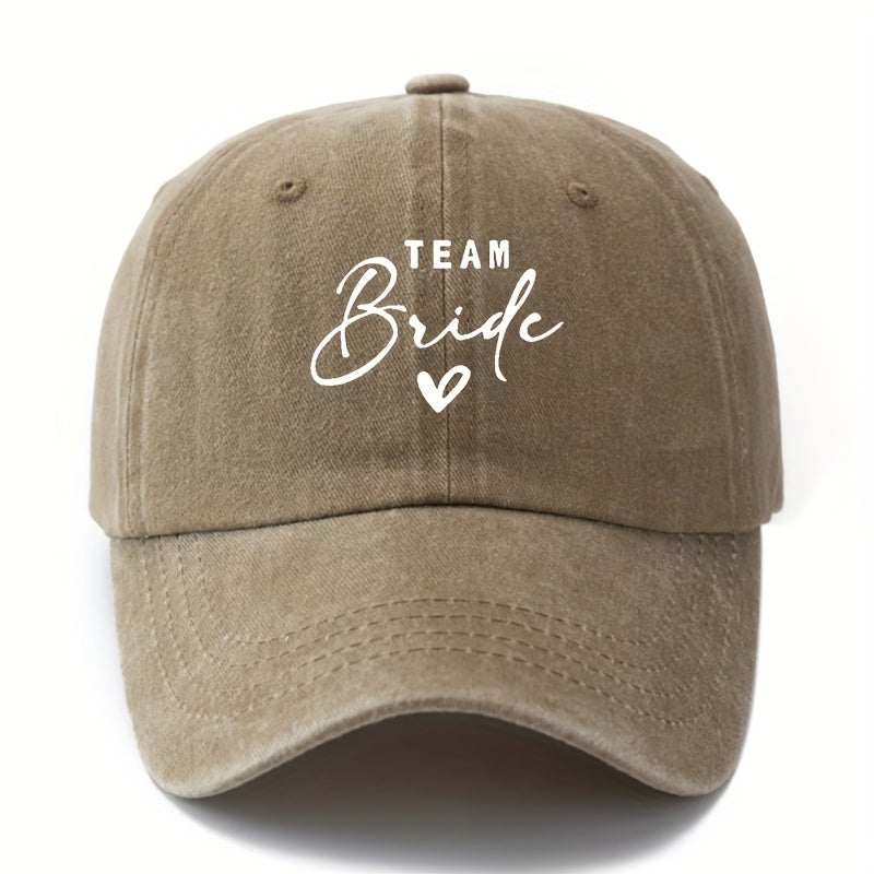 A Stylish Unisex Printed Baseball Cap Featuring a Curved Brim And The Words 'TEAM Bride'. This Trendy And Lightweight Sun Hat Is Perfect for Outdoor Activities Like Traveling And Camping, Suitable for Both Men And Women