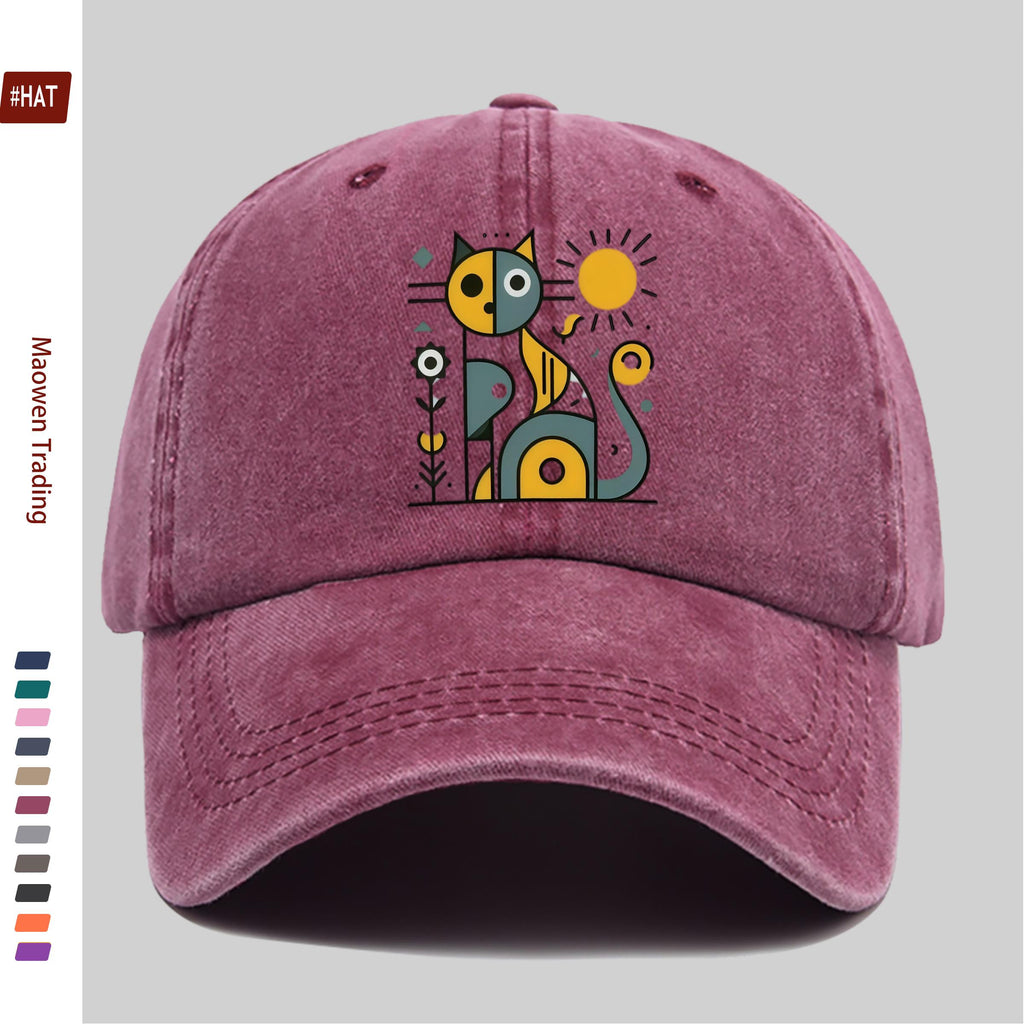 1 Abstract Cat and Sun Pattern Printed Baseball Cap, Unisex Design, Available in Multiple Colors, Papa Cap Is Comfortable, Lightweight, Washable, Vintage Style, American Street Skateboard Cap, Vintage Accessory, Exquisite Gift for Women, Fun and Cute