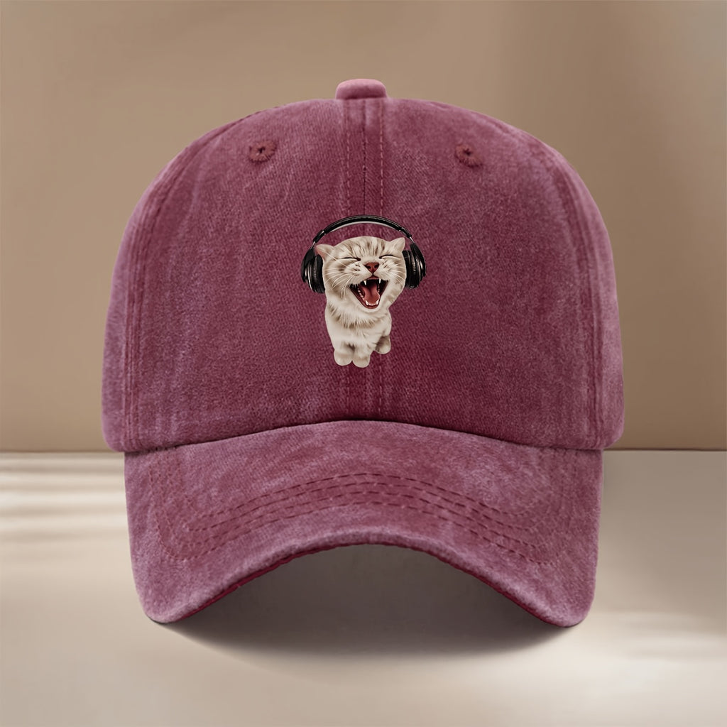 This Is a Baseball Cap with Printed Hi-Cat Wearing Headphones, Casual Adjustable Size Duckbill Hat Unisex Trendy Easy Curved Cap Outdoor Sports Dining Camping Matching Comfortable Individual 6-Panel Cap Sports Event Support Matching Lightweight Hip