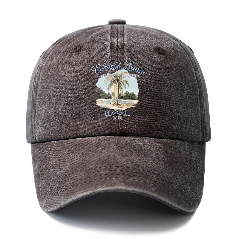 A Unisex Fashionable and Versatile Printed Hawaiian Waikiki Beach Baseball Cap, Featuring a Classic Vintage Washed Outdoor Lightweight Curved Brim. Suitable for Casual Occasions Such as Outdoor Vacations, Travel, and Camping, as Well as Holiday