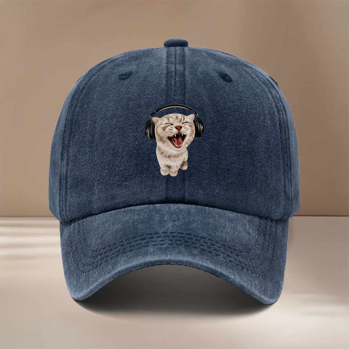 This Is a Baseball Cap with Printed Hi-Cat Wearing Headphones, Casual Adjustable Size Duckbill Hat Unisex Trendy Easy Curved Cap Outdoor Sports Dining Camping Matching Comfortable Individual 6-Panel Cap Sports Event Support Matching Lightweight Hip