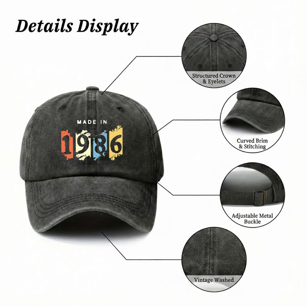 1986 Colorful Text Vintage Washed Distressed Duckbill Cap Unisex Outdoor Baseball Cap Adjustable Washed Vintage Style Lightweight Breathable Golf Cap
