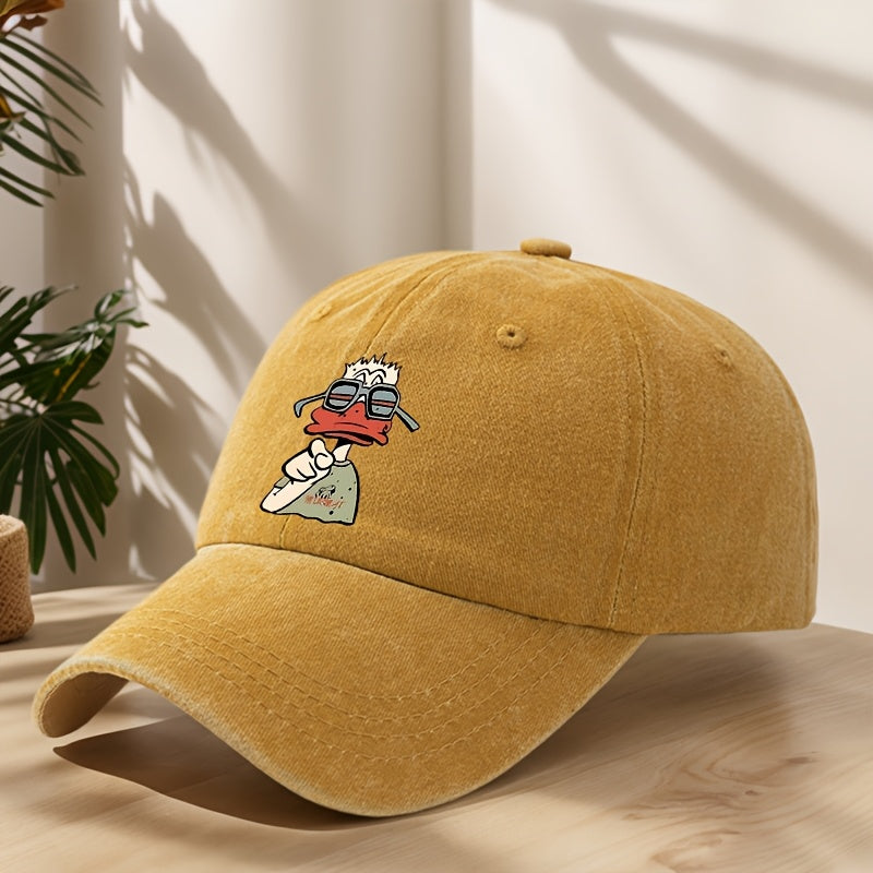 Cartoon Duck Print Baseball Cap Classic Washed Distressed Vintage Duckbill Hat Soft Comfortable Sweat-Absorbing Breathable Hat Outdoor Leisure Sports Hiking Camping Fishing Hat Individual Street Hip-Hop Hat