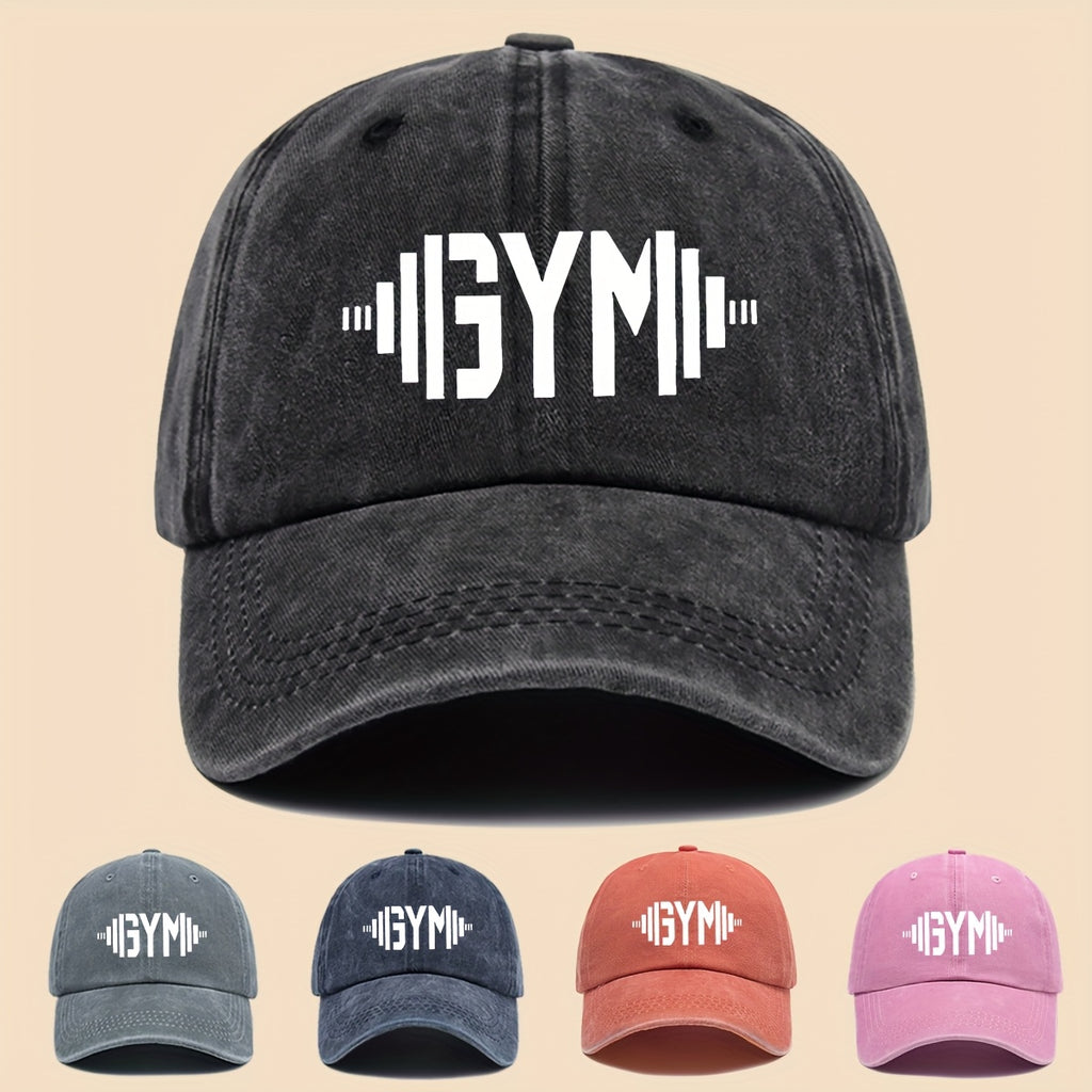 1 GymFlex Pro Breathable Baseball Cap with GYM Print and Dumbbell Design - Washed Fitness Cap, Suitable for Men, Women, and Teens - Ideal Accessory for Gym, Outdoor Activities, Camping, Cycling, and Skateboarding - Vibrant Lifestyle Hat