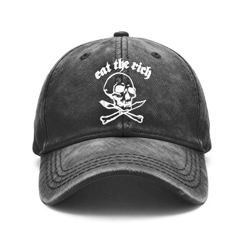 1pc Gothic Punk Baseball with Eat The Rich Skull Print - Adjustable Unisex Hat Suitable for Men & Women, Vintage Washed Design for Outdoor, Casual Wear, Gifts for Goth Subculture Fashion, Iconic Gothic Style