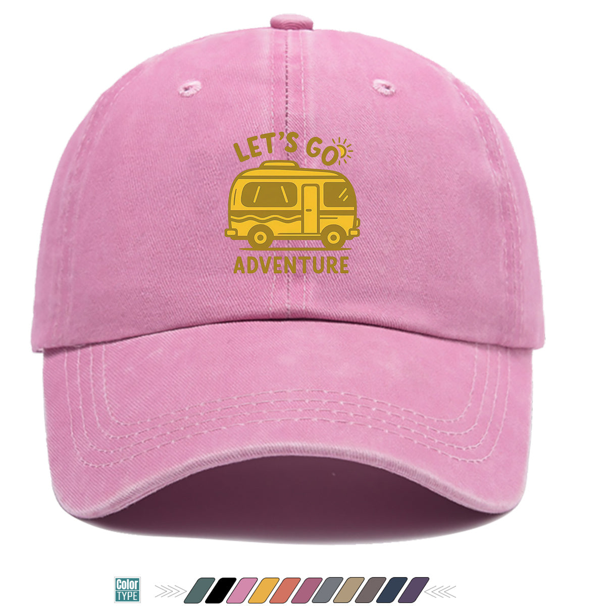 1pc "LET's GO ADVENTURE" Camper Van Print Baseball Cap, Vintage Yellow RV Pattern Sun Hat, Fashionable Casual Sun Hat, Unisex Adjustable Duckbill Cap for Outdoor Adventures, Road Trips, Camping Picnics, Weekend Outings, Park Strolls, Beach Vacations