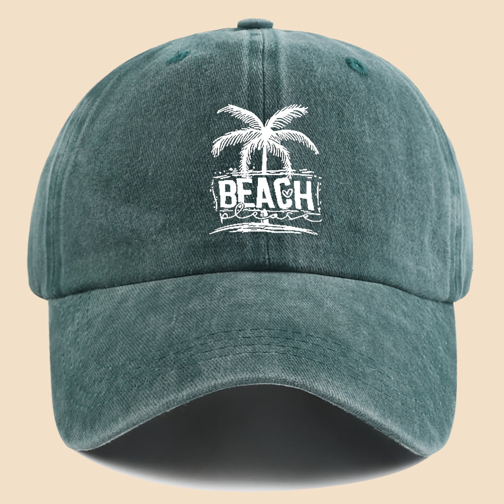 1pc Cool & Breezy Unisex Washed Baseball Cap | Tropical Palm Tree and Beach Print, Adjustable for Couples, Perfect for Surfing, Cycling, Hiking, and Parties - Polyester, Hand Wash Only