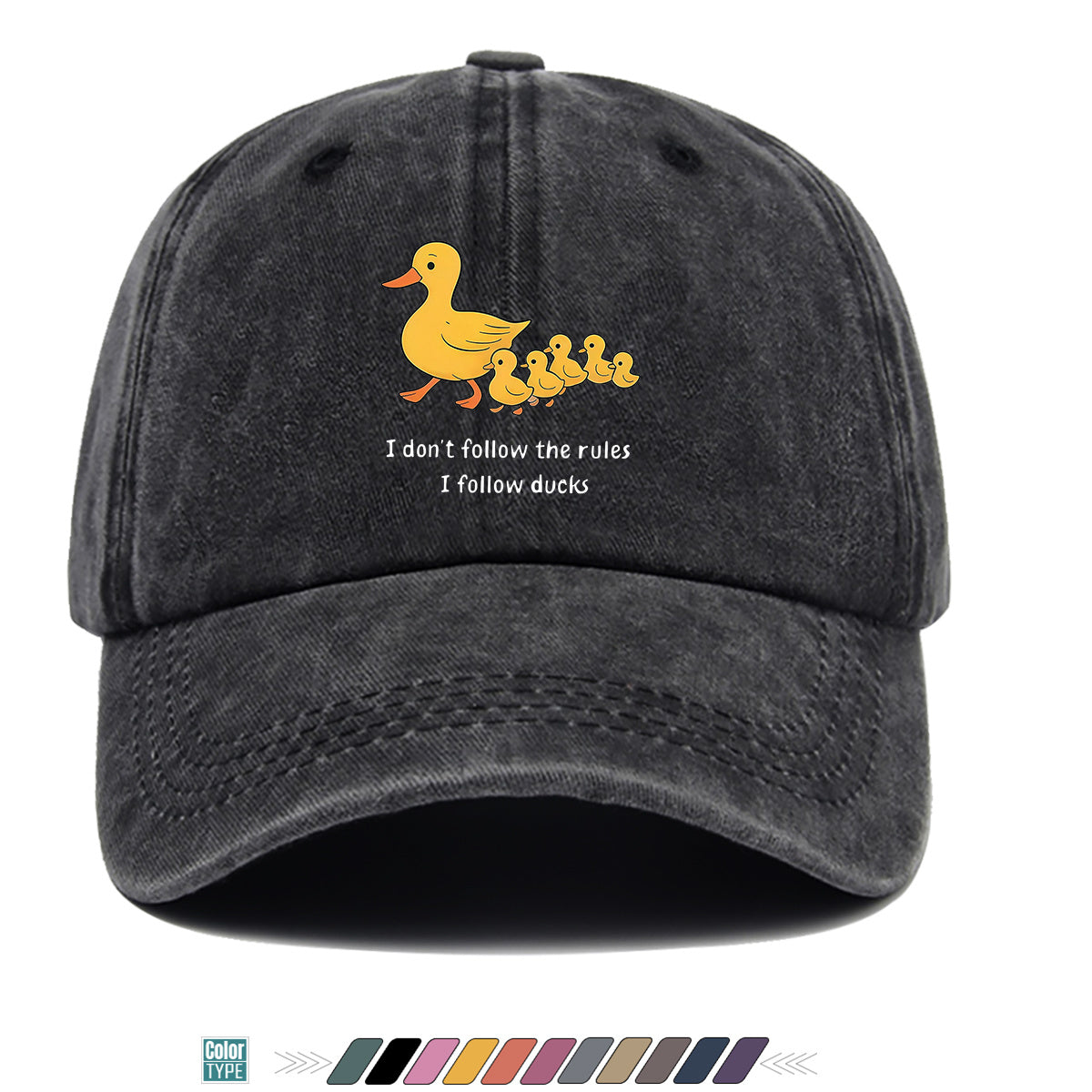 1pc Cartoon Mother Duck with Five Ducklings Print Baseball Cap, Retro Glitch Art Style Striped Background, Funny Slogan "I Don'T Follow The Rules, I Follow The Ducks", Comfortable And Breathable Sun Hat