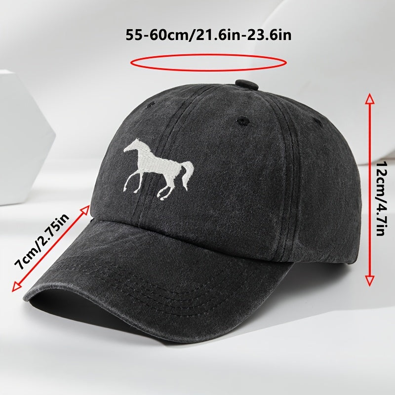 High-Quality White Horse Embroidered Baseball Cap, Washed Vintage Adjustable Duckbill Hat, Soft Top, Breathable, Sweat-Absorbing, Sun-Protective Trendy Hat
