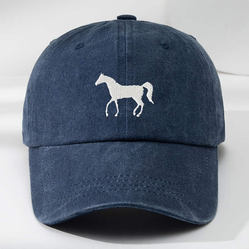 High-Quality White Horse Embroidered Baseball Cap, Washed Vintage Adjustable Duckbill Hat, Soft Top, Breathable, Sweat-Absorbing, Sun-Protective Trendy Hat
