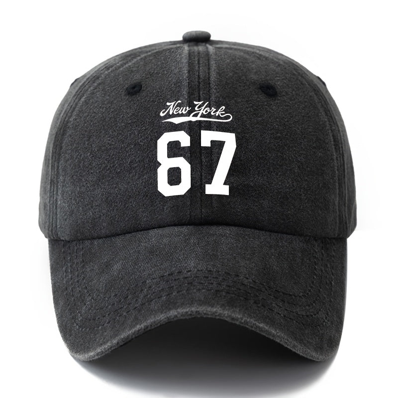 A Stylish And Versatile Unisex Baseball Cap Featuring a New York 67 Print, This Classic Retro Washed Outdoor Cap Is Lightweight And Curved-Brimmed. It'S Perfect for Casual Occasions Like Outdoor Vacations, Camping, And Holiday Parties