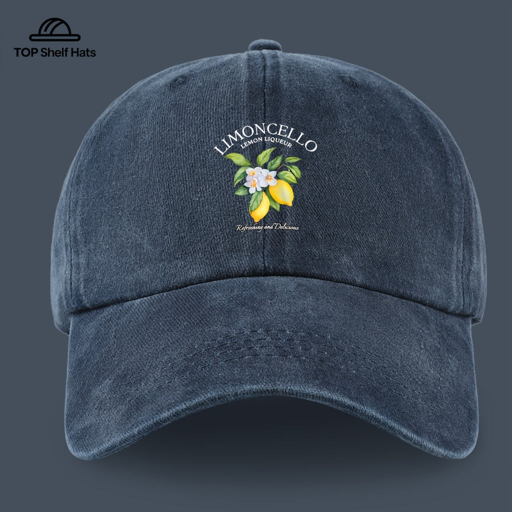 70G Lightweight And Breathable 1pc "Limon Cello" English Print Baseball Cap with Refreshing Lemon Pattern Print, Breathable And Comfortable, Stylish And Beautiful, Black Papa Dad Hat, Adjustable Size, Unisex, Retro Trucker Hat