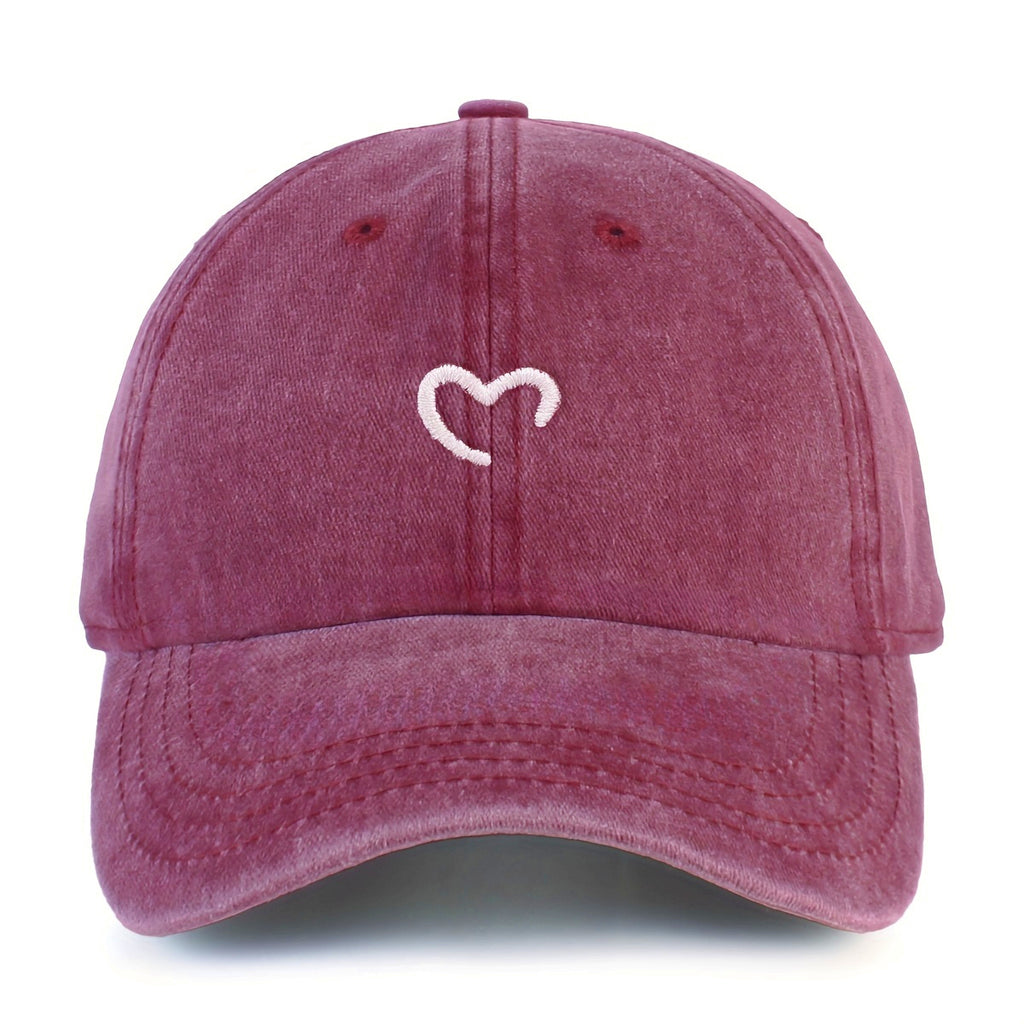 Women'S Heart-Shaped Embroidered Vintage Washed Baseball Cap, Adjustable Size, Suitable for Urban Vacation Wear