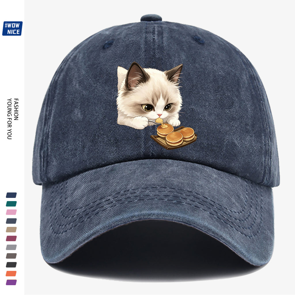 1pc 1pcs Cat Eating Muffin Baseball Cap with Kitten Print - Adjustable Unisex Hat Suitable for Men & Women, Cute, Streetwear, Café Outfits, Daily Wear, Fashionable Cap for Bestie Gatherings & Weekend Outings