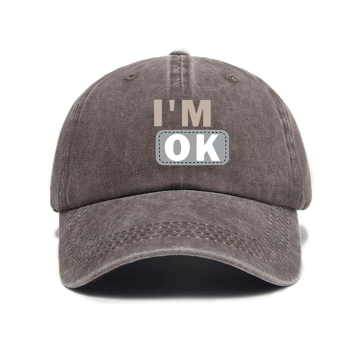 1 Washed Distressed Printed Baseball Cap for Adults, Simple "I'M OK" Letter Print, Washed Distressed Soft Top Sun Baseball Cap, Unisex Baseball Cap