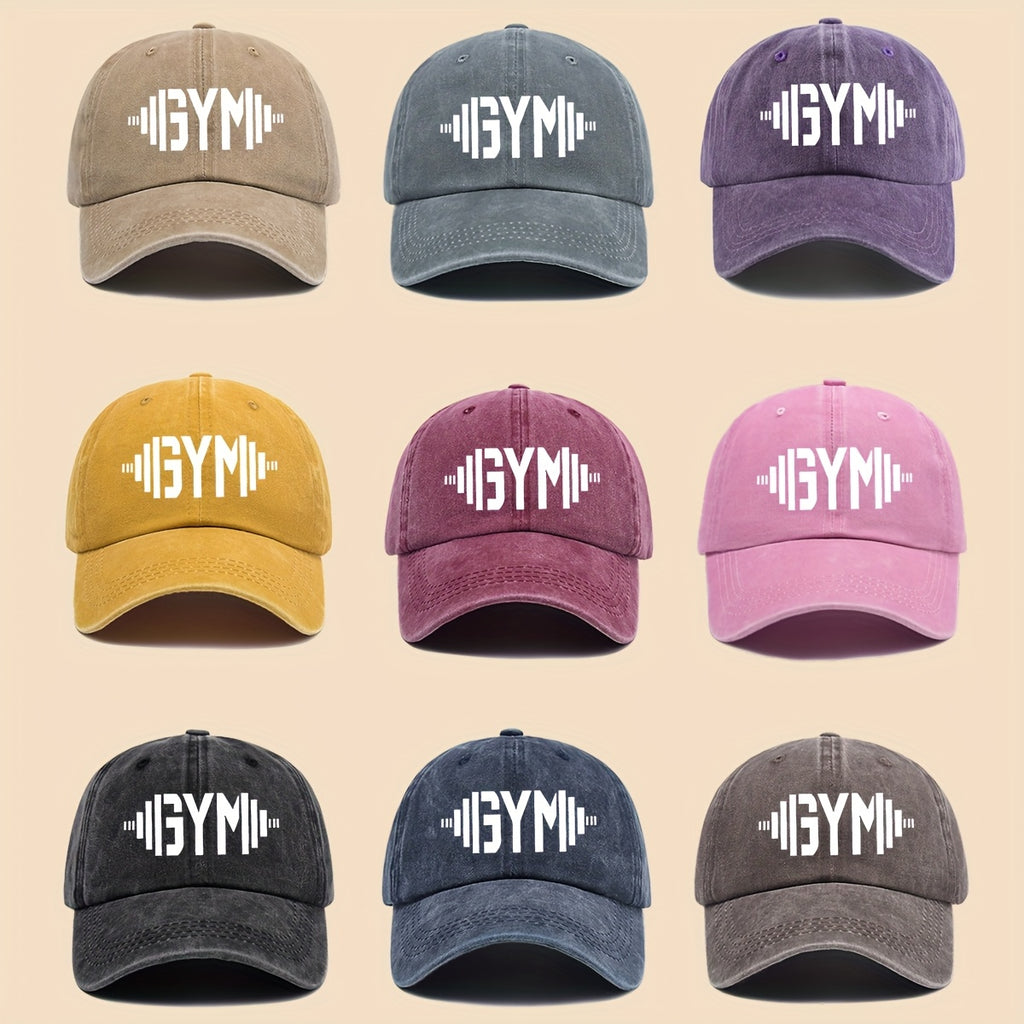 1 GymFlex Pro Breathable Baseball Cap with GYM Print and Dumbbell Design - Washed Fitness Cap, Suitable for Men, Women, and Teens - Ideal Accessory for Gym, Outdoor Activities, Camping, Cycling, and Skateboarding - Vibrant Lifestyle Hat
