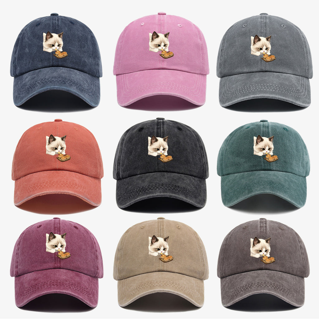 1pc 1pcs Cat Eating Muffin Baseball Cap with Kitten Print - Adjustable Unisex Hat Suitable for Men & Women, Cute, Streetwear, Café Outfits, Daily Wear, Fashionable Cap for Bestie Gatherings & Weekend Outings