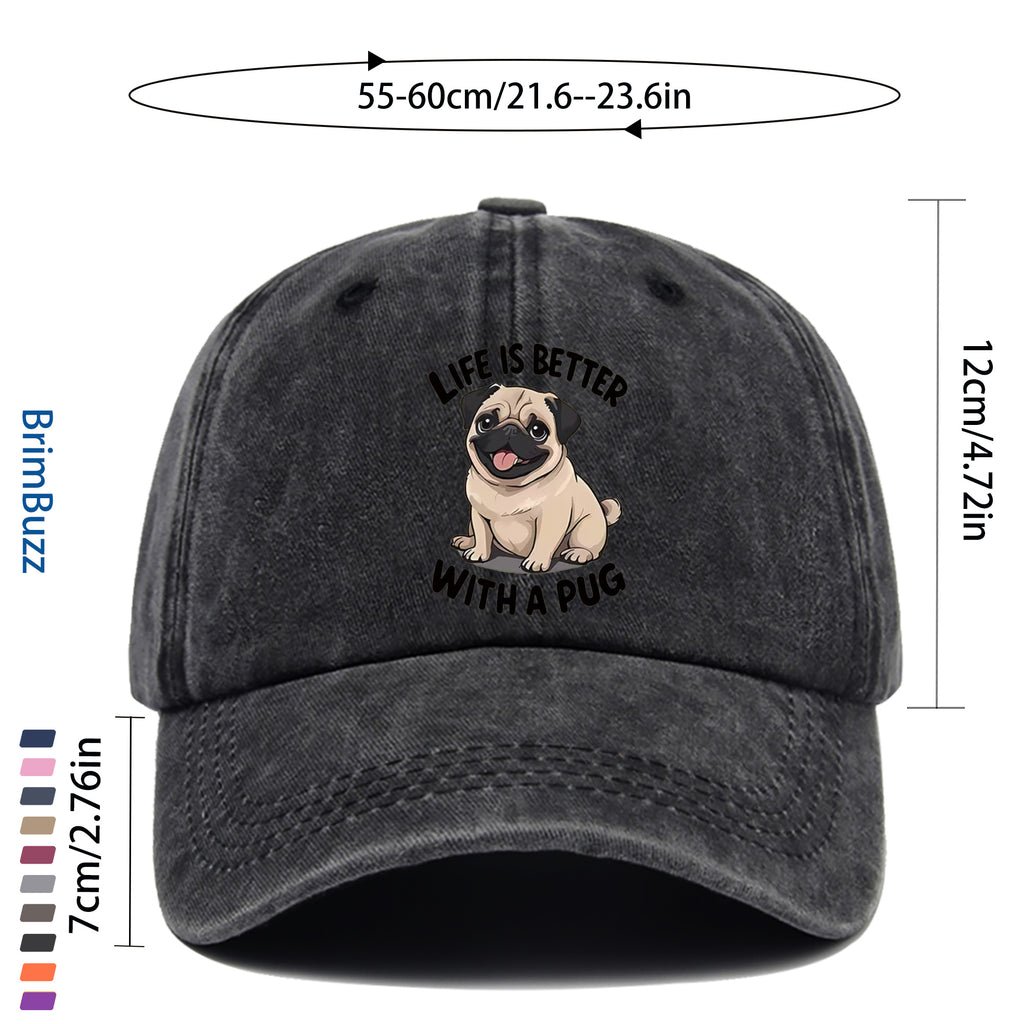 "Life Is Better with Pug" Baseball Cap | Lightweight And Adjustable, Made of Polyester, Suitable for Outdoor Activities, Travel, And Leisure, Vintage Style, with Embossed And Printed Maps