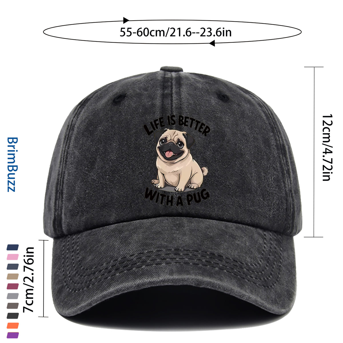 "Life Is Better with Pug" Baseball Cap | Lightweight And Adjustable, Made of Polyester, Suitable for Outdoor Activities, Travel, And Leisure, Vintage Style, with Embossed And Printed Maps