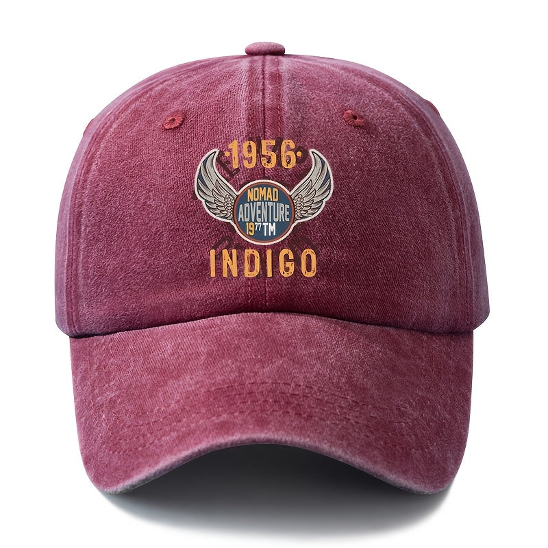 A Unisex Fashionable and Versatile 1956 INDIGO Printed Baseball Cap, Featuring a Classic Vintage Washed Outdoor Lightweight Curved Brim. This Trucker Baseball Cap Is Suitable for Casual Occasions Such as Outdoor Vacations, Travel, and Camping