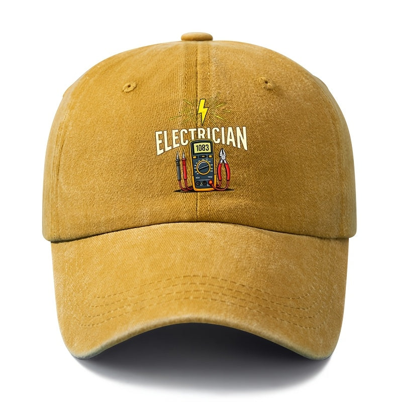 A Stylish And Versatile Unisex ELECTRICIAN Baseball Cap with a Printed Design, Featuring a Classic Retro Washed Look. This Lightweight Outdoor Cap Is Perfect for Truck Drivers And Suitable for Casual Occasions Like Outdoor Vacations, Camping