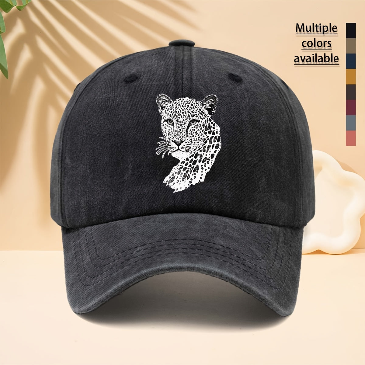 A Trendy Baseball Cap with a Black and White Leopard Head Illustration Print, Featuring a Soft Crown and Curved Brim. This Classic Snapback Hat Is an Adjustable Casual Cap Suitable for All Seasons. It's a Six-panel Trucker Hat, a Matching Couple's