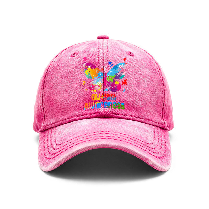1pc of Vintage Washed Unisex Baseball Caps Featuring a Colorful Artistic Design of an Autism Awareness Butterfly. These Adjustable Caps Are Perfect for Outdoor Activities And Casual Wear, Making Them Great Gifts for Both Men And Women