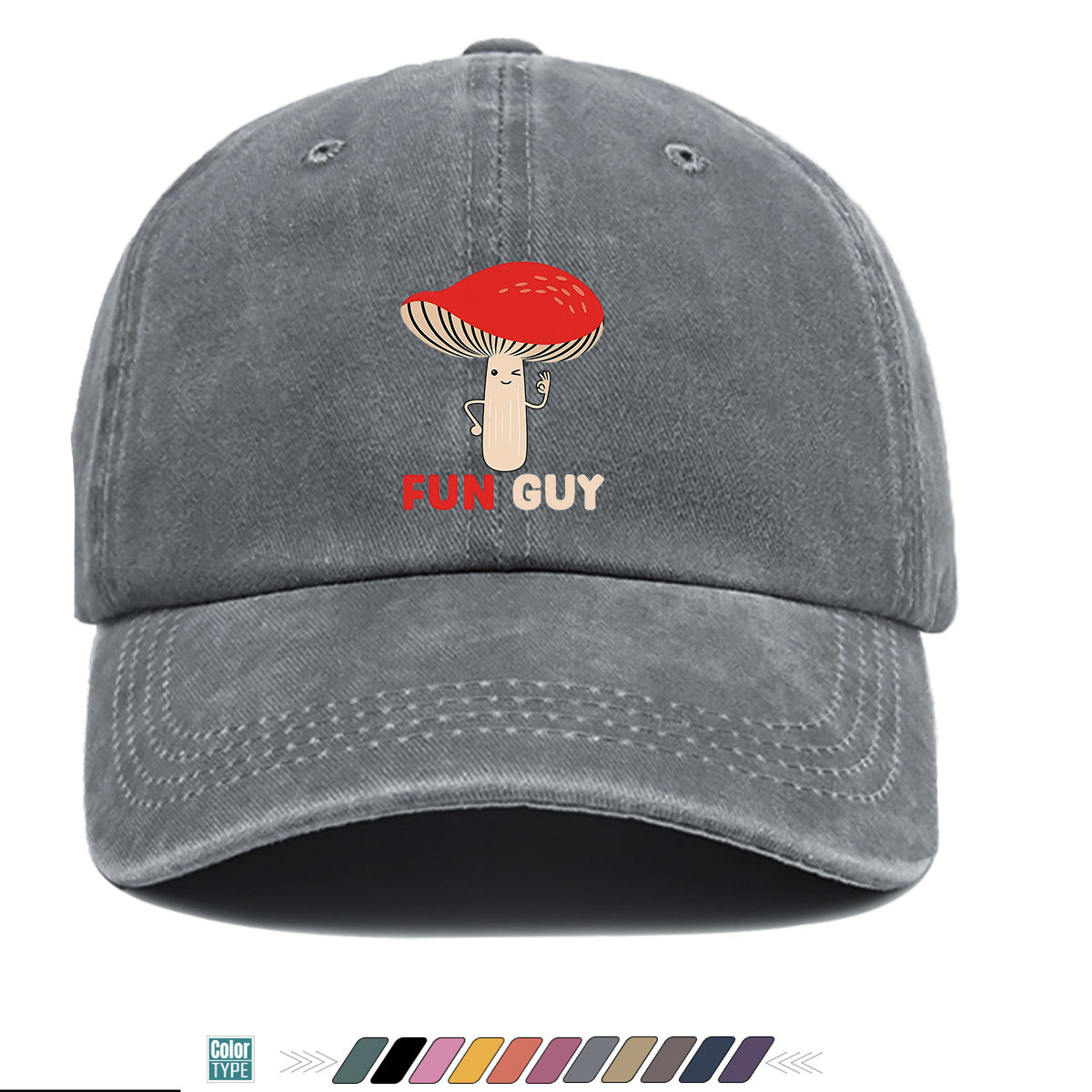 1pc FUN GUY Mushroom Print Baseball Cap with Winking V-Sign & Mushroom - Adjustable Unisex Hat Suitable for Outdoor, Parties, Travel, Picnic, Camping - Breathable Sun Hat for Men & Women, Creative Gift for Daily Wear and Birthdays