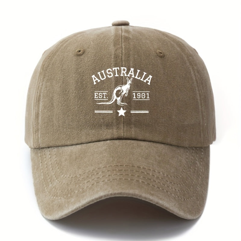 A Unisex Fashionable and Versatile Printed "AUSTRALIA" Baseball Cap with Kangaroo Logo, Featuring a Classic Vintage Washed Design, Lightweight Curved Brim, and Trucker Style. Ideal for Outdoor Vacations, Travel, Camping, and Other Casual Occasions