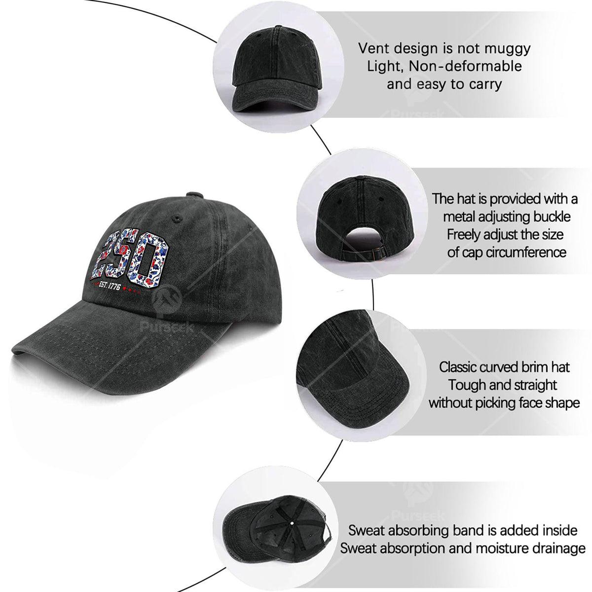 Floral Flag 250 Years 1776-2026 250th Birthday 4th of July Baseball Hat Unisex