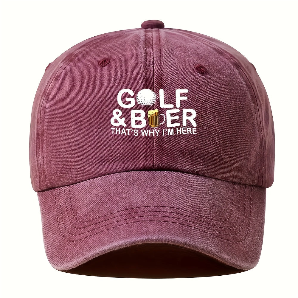 1 "Golf & Beer" Printed Baseball Cap with a Bold "That's Why I'm Here" Slogan and Golf Ball Graphic, Unisex, Adjustable Casual Style Hat for Outdoor Parties, Festivals, Camping, Hip-hop Trucker Hats, Suitable for Outdoor Activities, Picnics
